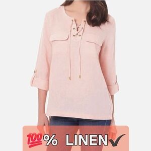ELLEN TRACY Peach Pink Linen High Low Lace-Up FrontTunic Top Rolled Tab Sleeves